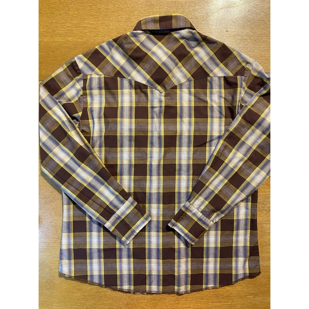 Wrangler Western‎ Shirt L Brown Yellow Check Pearl Snap Cowboy Rodeo 75204PP Y2K